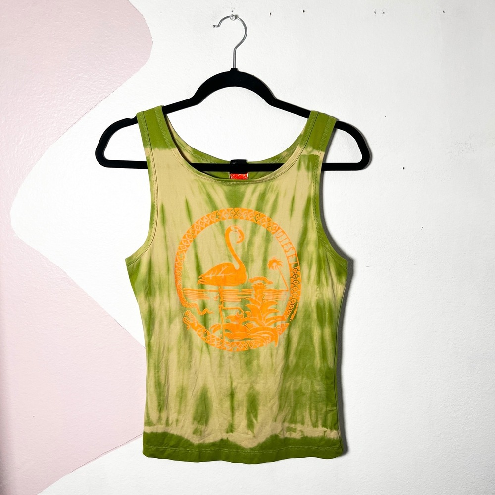 Vintage Diesel Tank Top Sz Large Green Tie Dye Flamingo Tropical Y2K